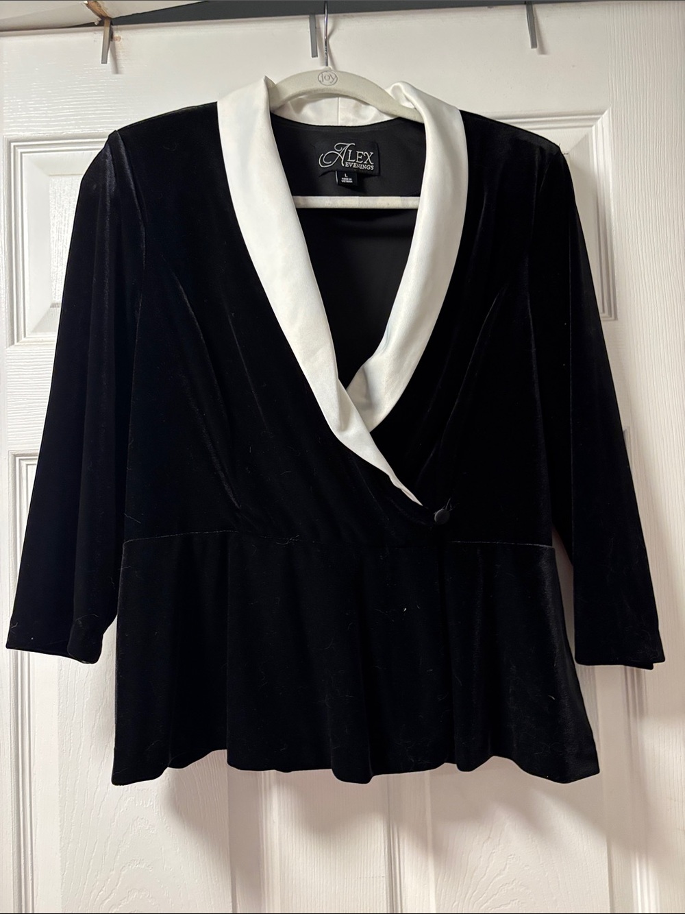 Alex Evenings Black Velvet Jacket with White Shawl Lapel